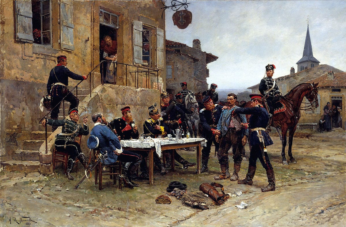 Illustration de l'espion par Alphonse de Neuville, 1880, représentant un soldat observant dans l'ombre.