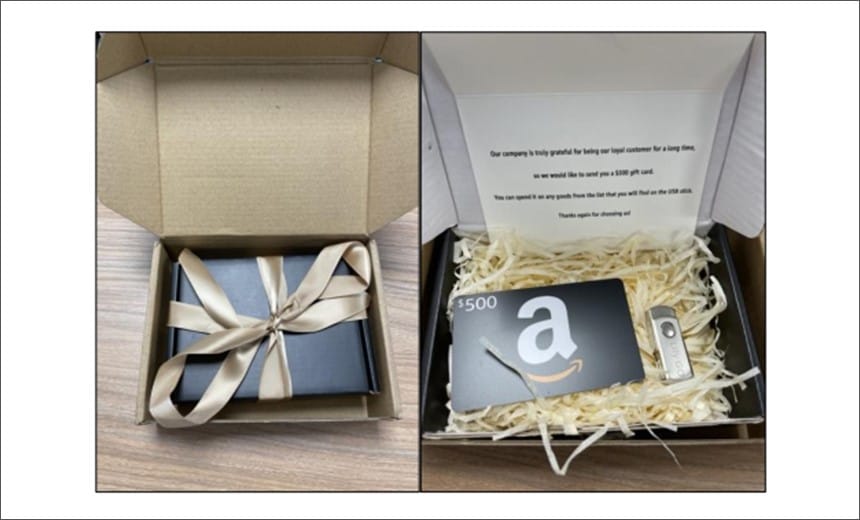 Gift box containing a malicious USB stick and counterfeit gift card used in a phishing campaign by FIN7 (Source: Natural Networks' Twitter page).